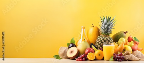 Vibrant banner with tropical fruit and juices spilling from a reusable bag in a healthy diet concept