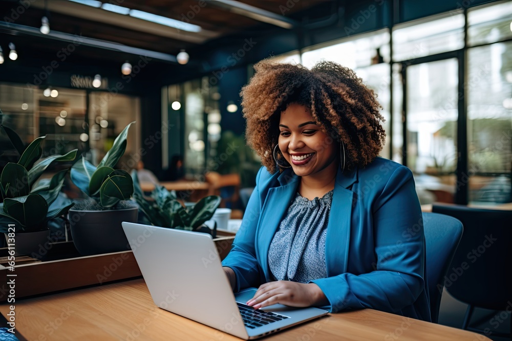 stylish plus size woman working on laptop,a radiant smile,she effortlessly multitasks on her laptop. stylish plus size woman working on laptop,a radiant smile,she effortlessly multitasks on her laptop.