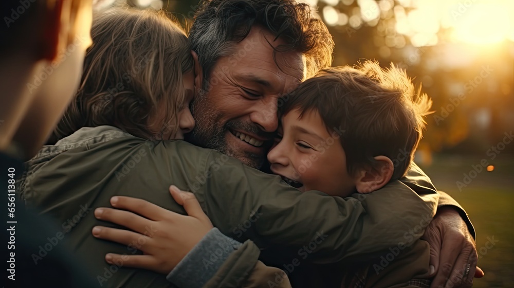heartwarming moment captured in the park as a father, mother and son embrace in a tight hug. Family heartwarming moment captured in the park as a father, mother and son embrace in a tight hug. Family