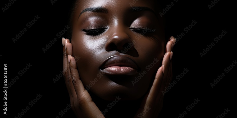 A serene black woman with closed eyes gently touches her face, sense of relaxation and tranquility A serene black woman with closed eyes gently touches her face, sense of relaxation and tranquility