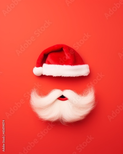 Santa's cotton beard  and hat on red background paper with copy space. Minimal flat lay concept of New Year's or Christmas celebration and gifts and presents