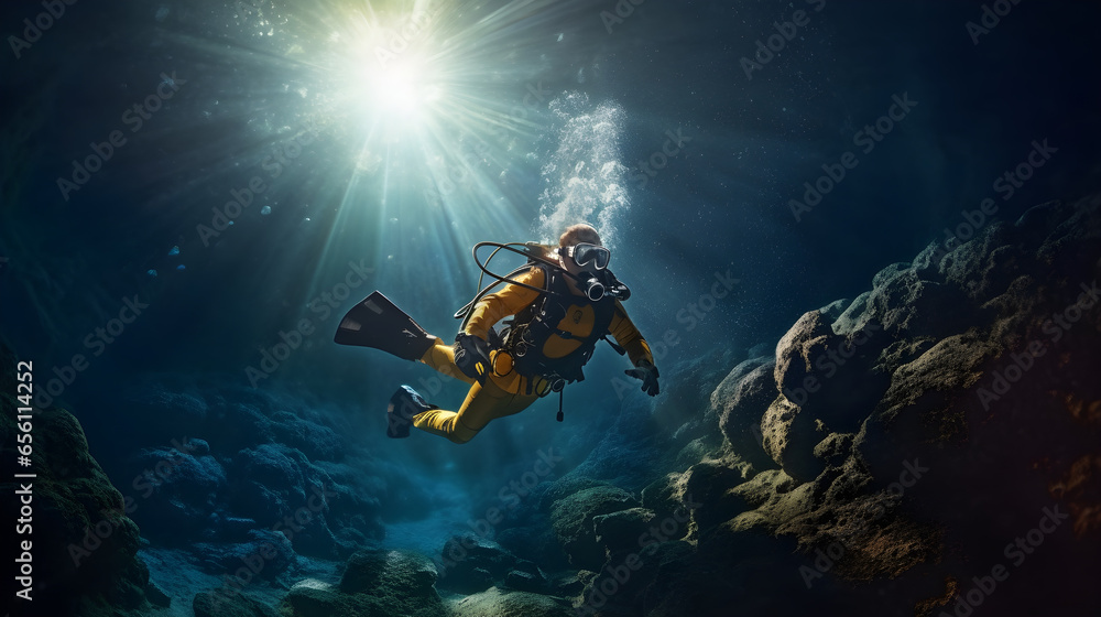 Diver exploring underwater cave. 3d rendering, cave diving, extreme adventure underwater, landscape under water fog Diver exploring underwater cave. 3d rendering, cave diving, extreme adventure underwater, landscape under water fog