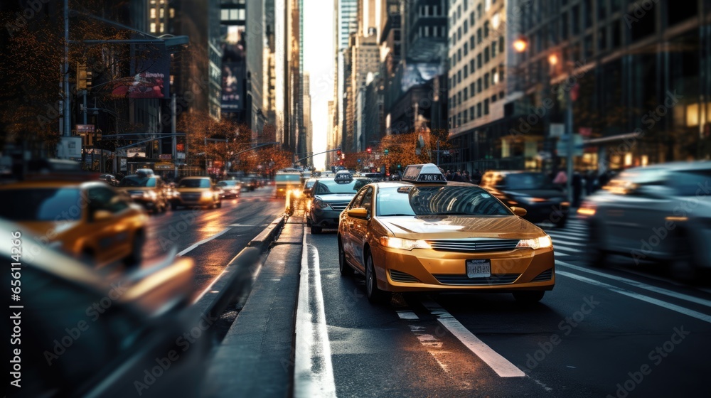 Fototapeta premium A bustling urban transportation during peak hours, taxi concept, showcasing the rush of city life