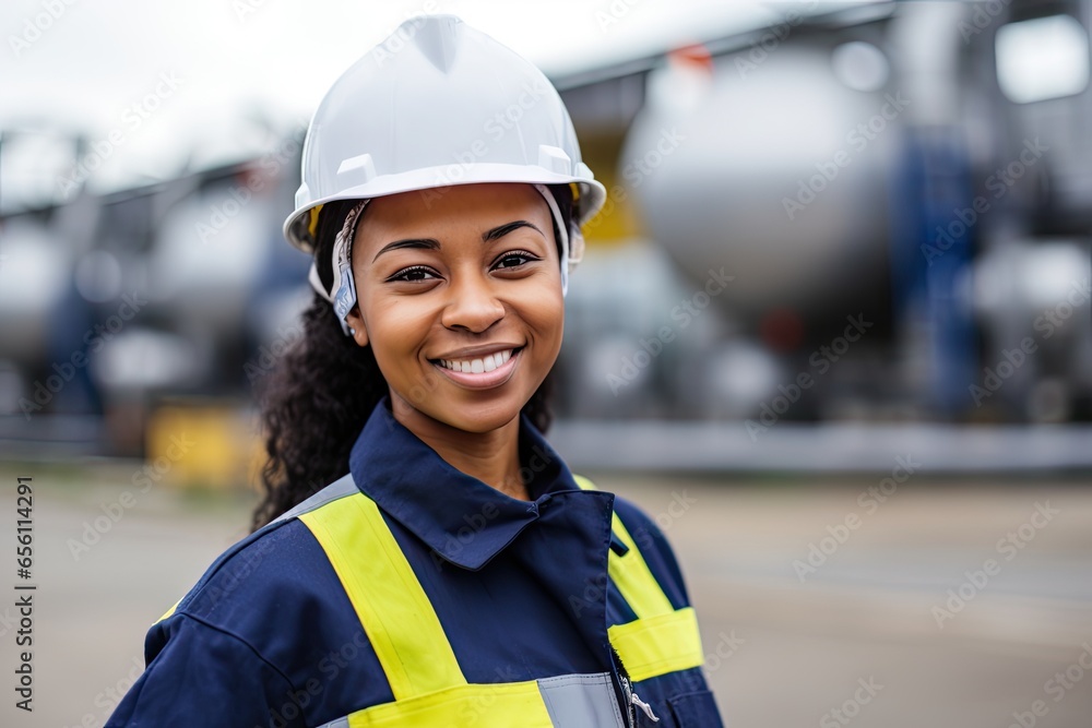 A black woman in a hard hat and safety vest working on a refinery site. African american women - obrazy, fototapety, plakaty 
