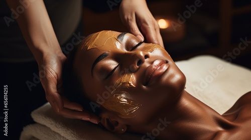 African American woman receiving a facial mask treatment at a spa to enhance her skin care routine photo