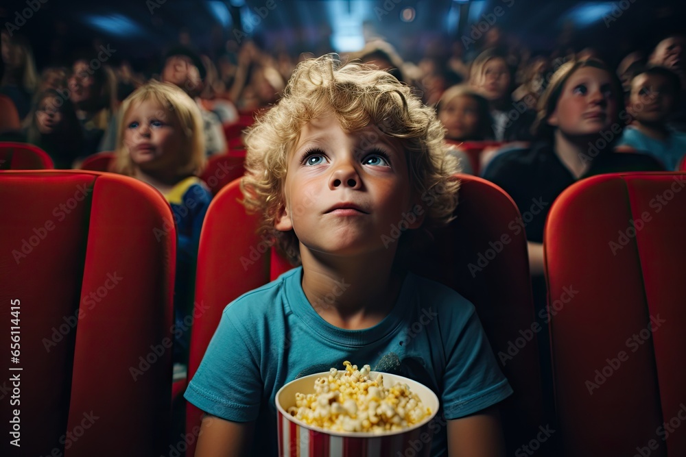 A young boy gazes at a tub of popcorn in a dimly lit movie theater, captivated A young boy gazes at a tub of popcorn in a dimly lit movie theater, captivated