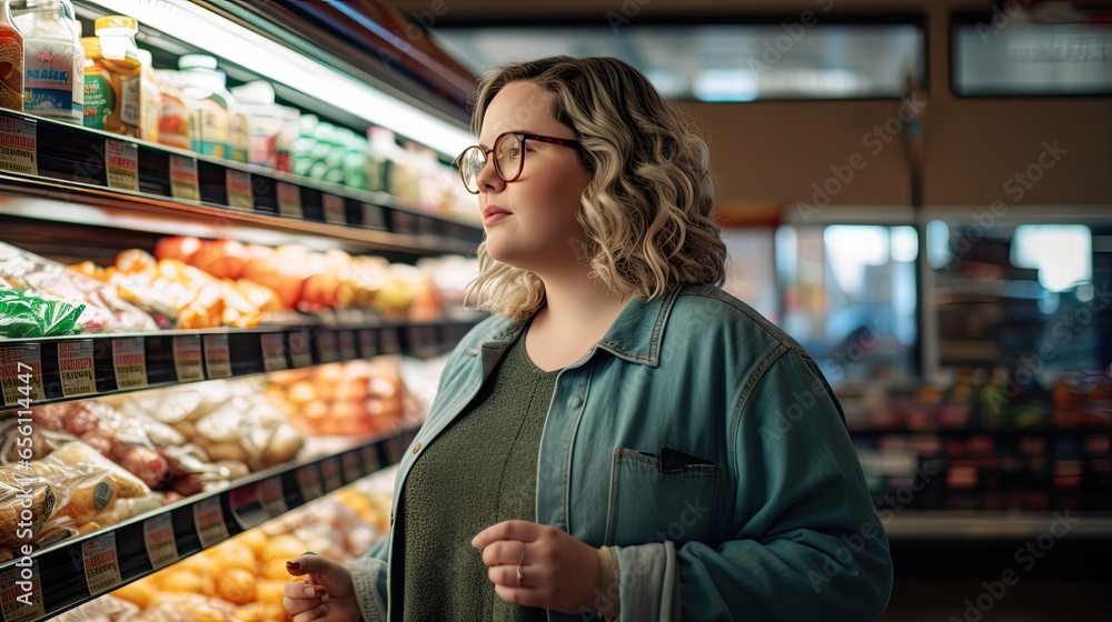 Plus size woman carefully inspects the food options in a grocery store,diet,eating real food concept