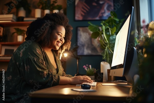 Plus size black female user grins happily as she operates a computer, her eyes fixed on the screen. photo