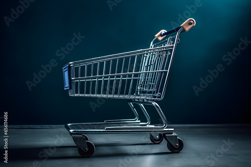 Empty shopping cart isolated on blue background with copyspace. Cyber Monday, Black Friday, commerce, Sale buy mall market shop consumer concept