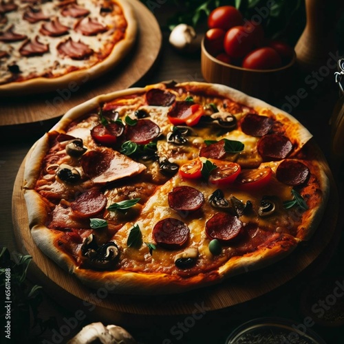 Delicious italian pizza with salami, mushrooms and tomatoes on wooden table