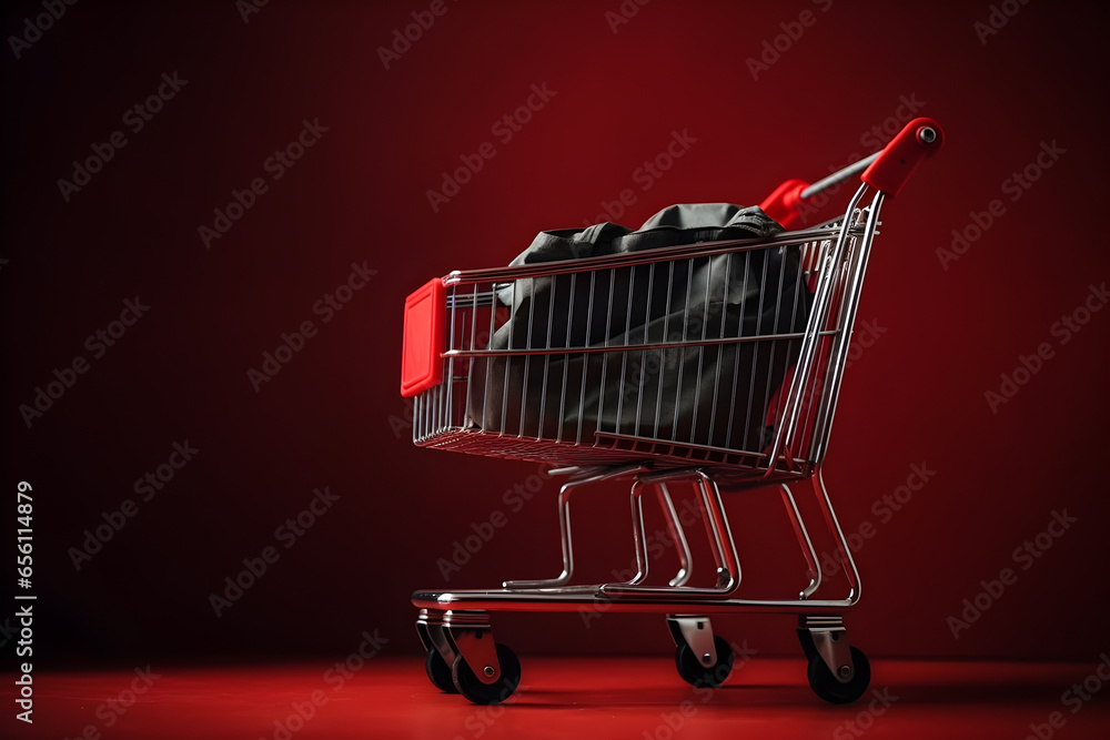 Empty shopping cart isolated on red background with copyspace. Cyber Monday, Black Friday, commerce, Sale buy mall market shop consumer concept