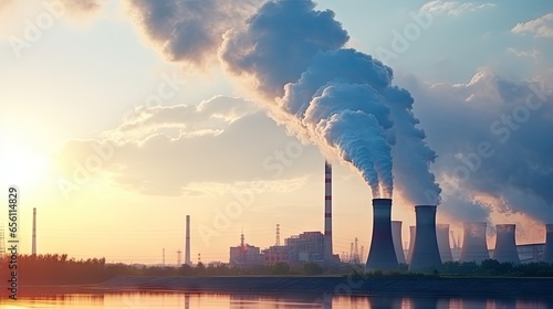bustling factory emitting smoke from its chimneys, symbolizing industrial productivity and progress