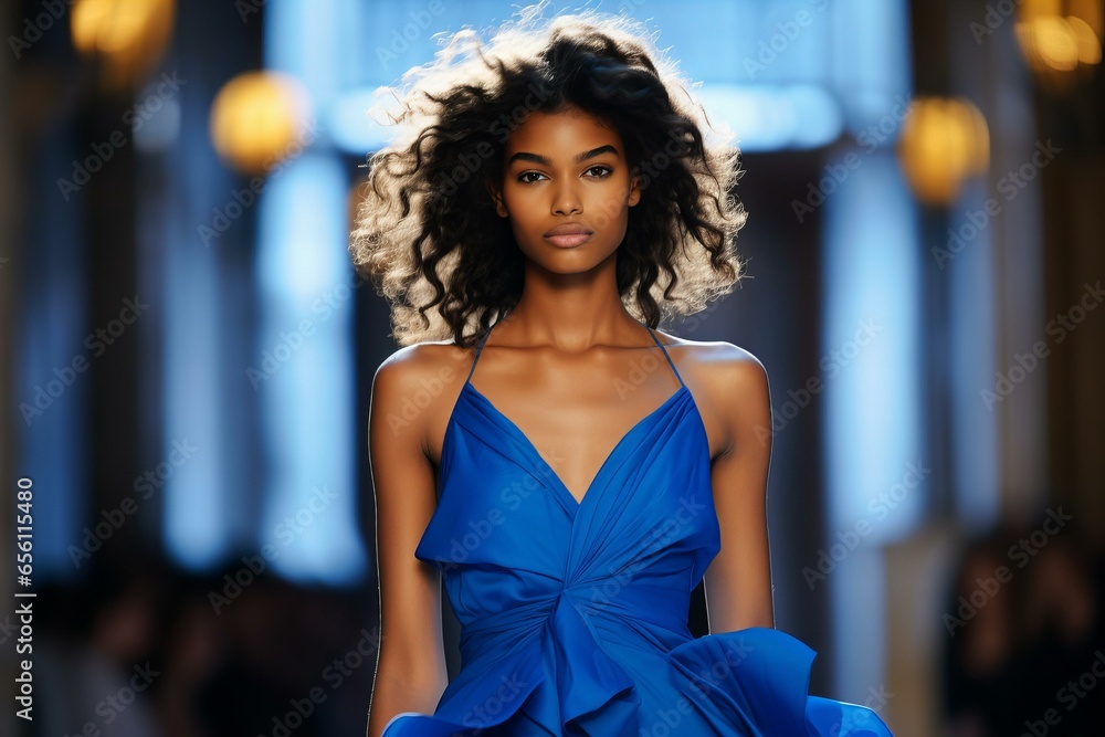 Black Model Exudes Elegance in Vibrant Blue Dress on Runway