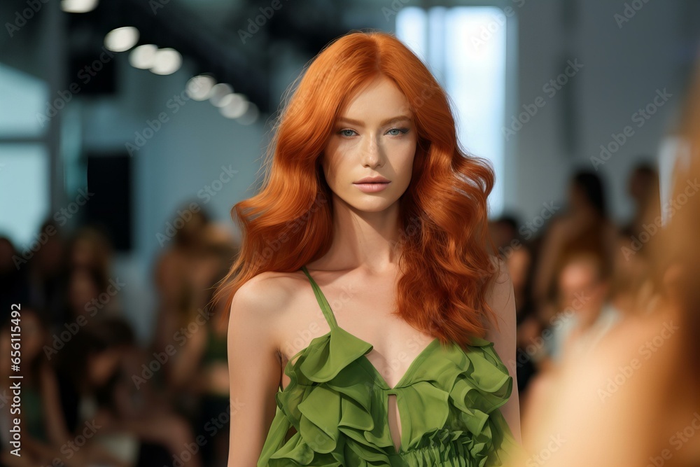 Redhead Model Enchants in Vibrant Green Dress on Runway
