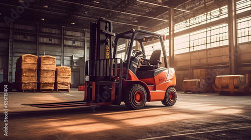 Forklift in warehouse. heavy industry, construction site concept. photo