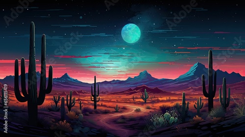 a desert landscape with cactuses and mountains photo
