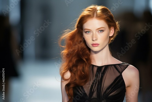 Redhead Model Illuminates in Elegant Black Dress on Runway © Dantaz