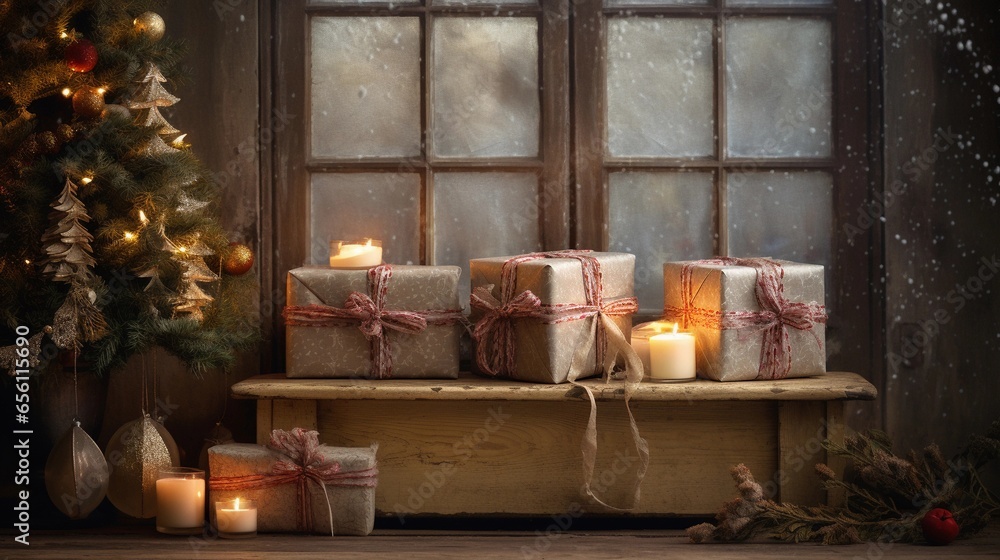 An artistic composition featuring Christmas gifts with textured, rustic accents in the background, creating a cozy and inviting scene for text to describe the anticipation of surprises. AI generated