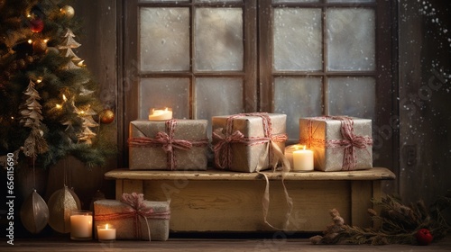 An artistic composition featuring Christmas gifts with textured, rustic accents in the background, creating a cozy and inviting scene for text to describe the anticipation of surprises. AI generated