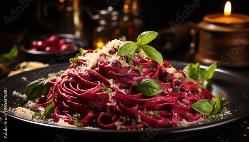 pasta with beets, cheese and herbs on a dark background. for a recipe book