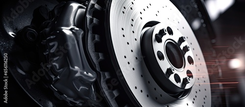 The concept of automotive technology and vehicle repair represented by an abstract image of a brake disc installed on a car photo