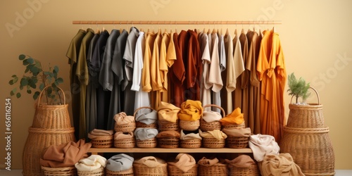 variety of fashionable clothes on hangers.baskets with clothes and capes at the bottom.presentation of fashionable clothes in gradient order
