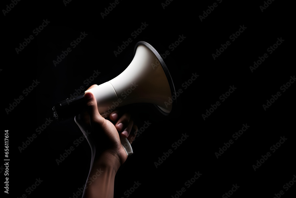 Hand holding megaphone isolated on black background with copyspace. Advertisement mock up, clip art, announcement and communication creative banner background concept - obrazy, fototapety, plakaty 