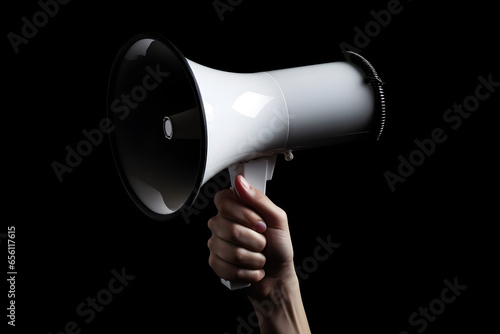 Hand holding megaphone isolated on black background with copyspace. Advertisement mock up, clip art, announcement and communication creative banner background concept