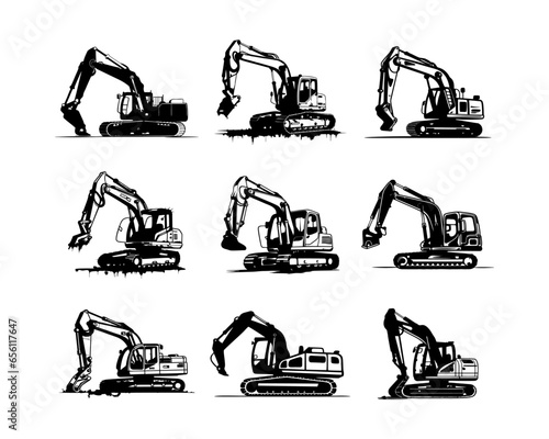 A set collection of excavator vector illustrations