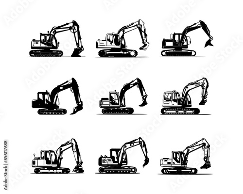 A set collection of excavator vector illustrations