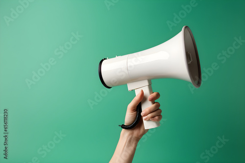 Hand holding megaphone isolated on green background with copyspace. Advertisement mock up, clip art, announcement and communication creative banner background concept © Canities
