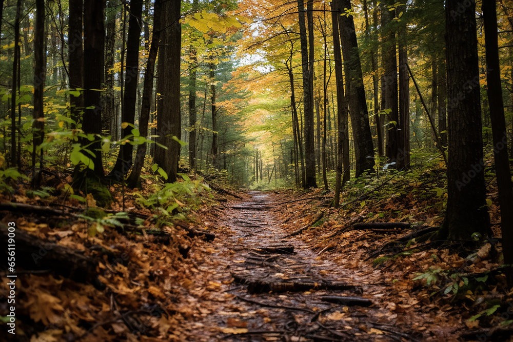 Obraz premium Autumn Hiking Trail through the Woods: Adventure, Fallen Leaves, Exploration | Created with generative AI tools