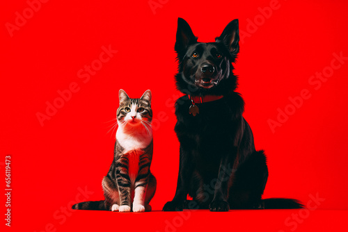 Dog and cat sitting for photo isolated on red studio background © Ricardo Costa
