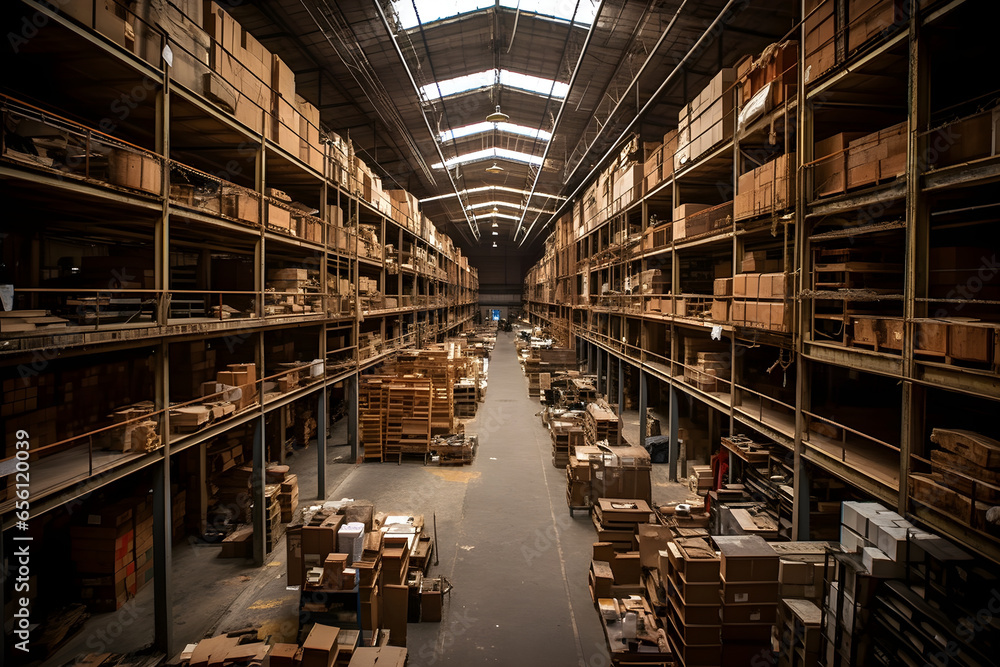 Interior of large warehouse with rows of shelves full of goods. warehouse hall, full of racks with large number packs.
