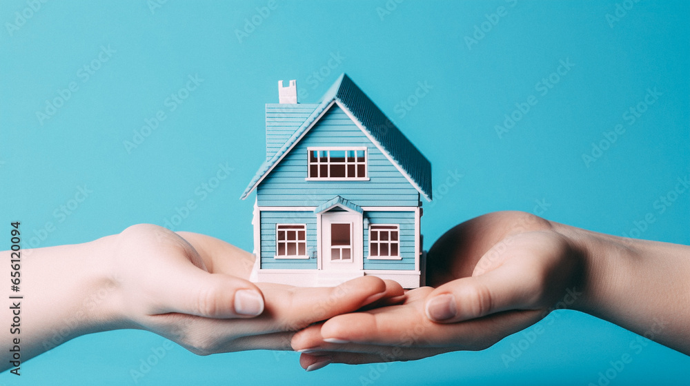 isometric Miniature house in woman hands isolated on studio background isometric Miniature house in woman hands isolated on studio background