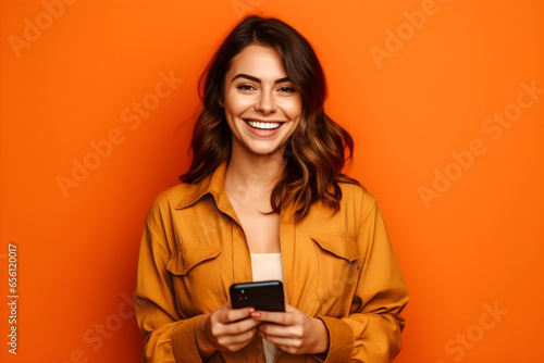 Happy young woman in eyeglasses using mobile phone isolated orange background with copyspace, for banner background photo