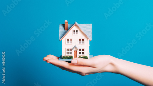 isometric Miniature house in woman hands isolated on studio background