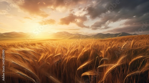 a field of wheat with mountains in the background © Skyfe
