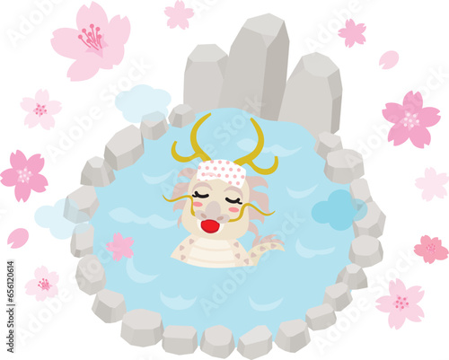 春の露天風呂に浸かる龍の女の子