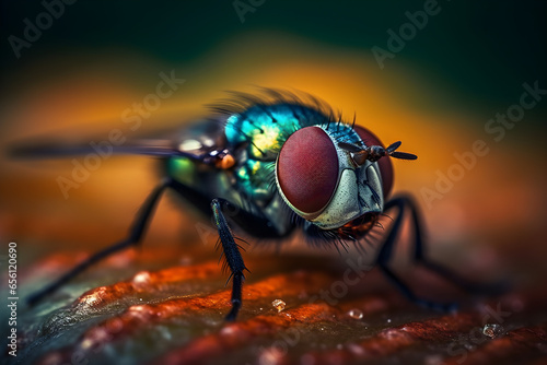 Macro photo of a fly on a leaf with a blurred background, Close up, macro lens photography