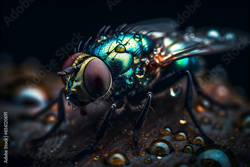 Macro photo of a fly on a leaf with a blurred background, Close up, macro lens photography