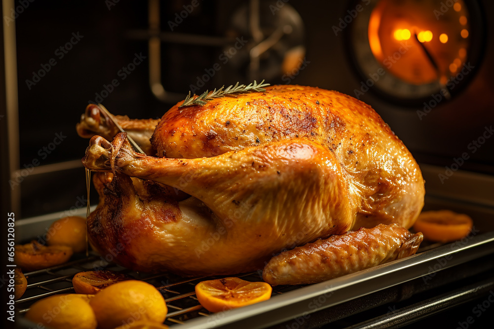 Perfectly Roasted Thanksgiving Turkey in Oven, Golden Skin, Thermometer ...
