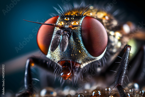Macro photo of a fly on a leaf with a blurred background, Close up, macro lens photography © Canities