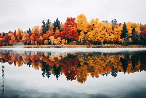 Serenity of Colorful Autumn Trees Reflected in Calm Waters - Symmetrical Nature Landscape Created with Generative AI Tools