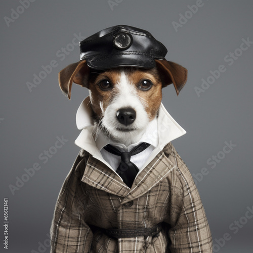 A Jack Russell detective dog, dressed in a Sherlock Holmes style, investigator © Peludis