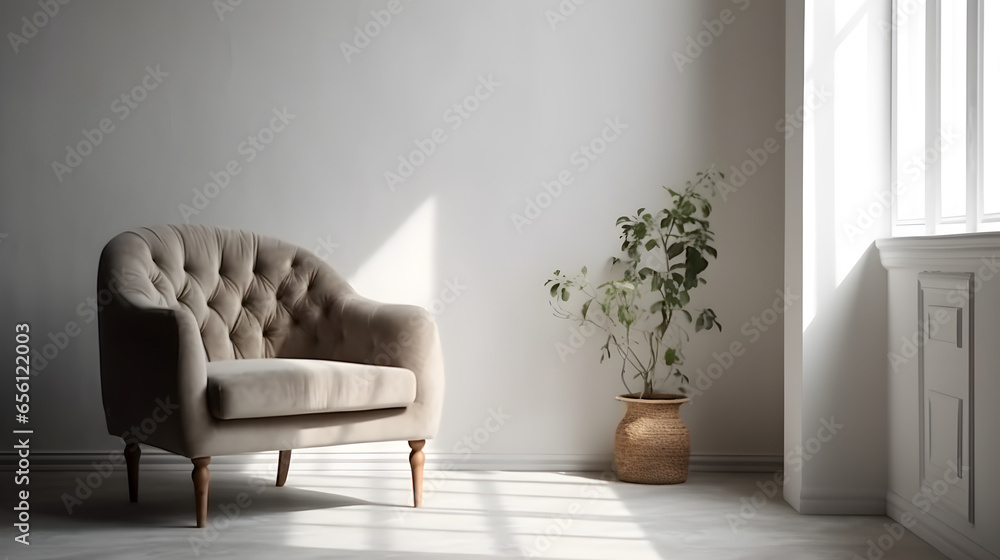 Fototapeta premium modern living room with armchair and plant. 3d render illustration, decor elements, mockup