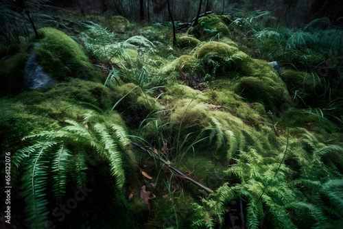 Mossy trees in the forest in the evening. Deep Forest  woods landscape  pine trees