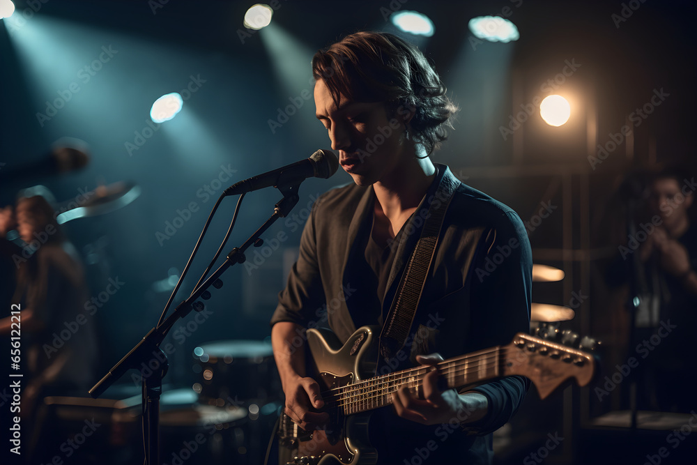 Obraz premium musician playing the electric guitar on stage, recording studio