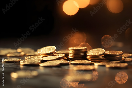Pile of gold coins on wooden background. Close up, 3d rendering, Large cast investment gold ingot, Business and finance concept idea photo