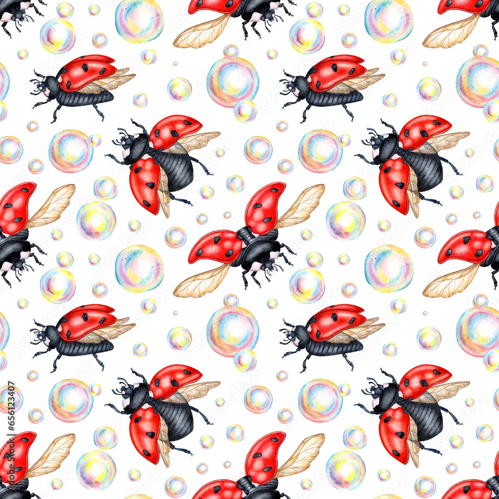 Watercolor illustration of a drawing of red ladybugs with black dots and soap bubbles. Seamless isolated pattern for kitchen, home decor, stationery, wedding invitations and clothing print. Watercolor illustration of a drawing of red ladybugs with black dots and soap bubbles. Seamless isolated pattern for kitchen, home decor, stationery, wedding invitations and clothing print.